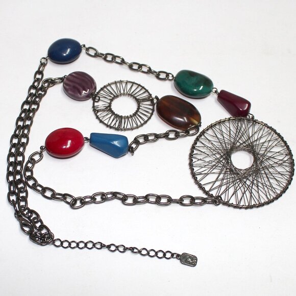 Not Sure Jewelry - Branded Long Necklace With Chain Metal and Resin Multi Shaped Beads + Extender